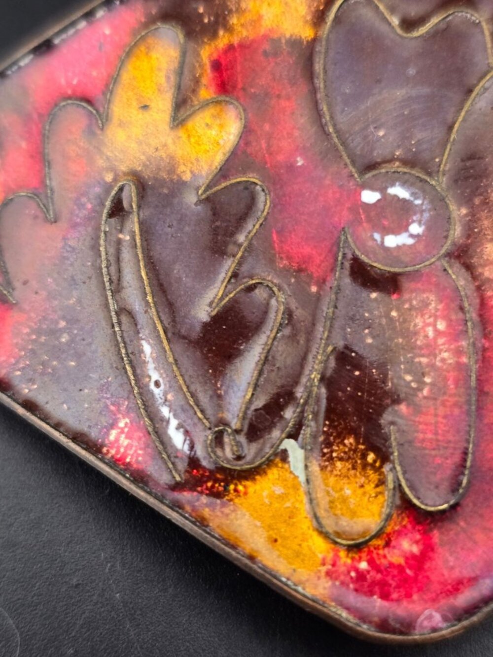 Vintage Abana Cloisonne Tie Clip Japan Floral Design Red Yellow - Picture 5 of 9